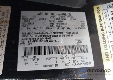 2008 Ford Expedition Limited z USA, uszkodzony, nr VIN 1FMFU195X8LA36870